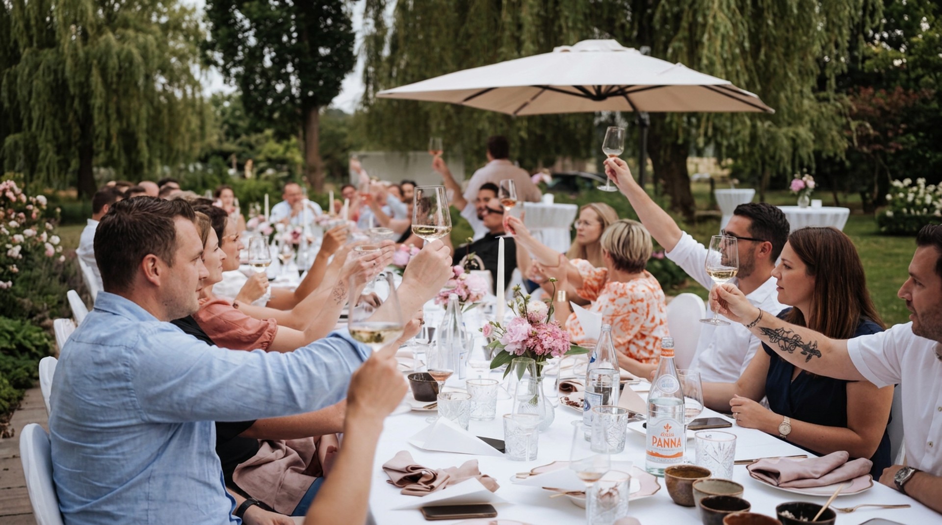 Feestelijk gedekte tafel in de tuin van De Koetse bij zonsondergang